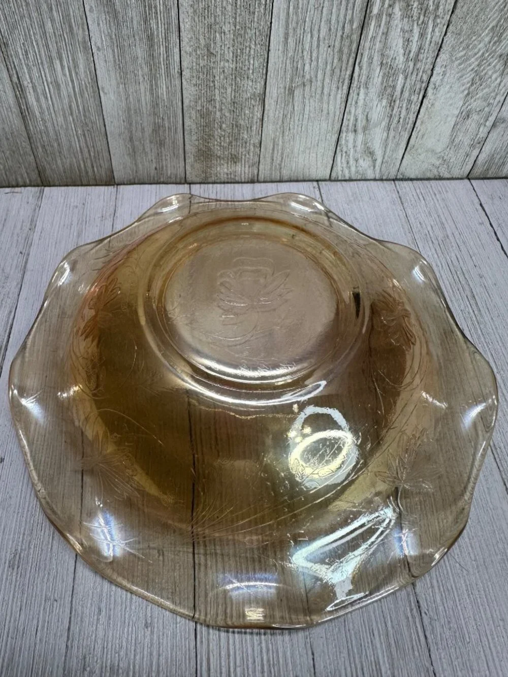 Vintage Jeanette Carniva Glass Bowl Ruffled Iridescent Marigold 1950’s 9.5